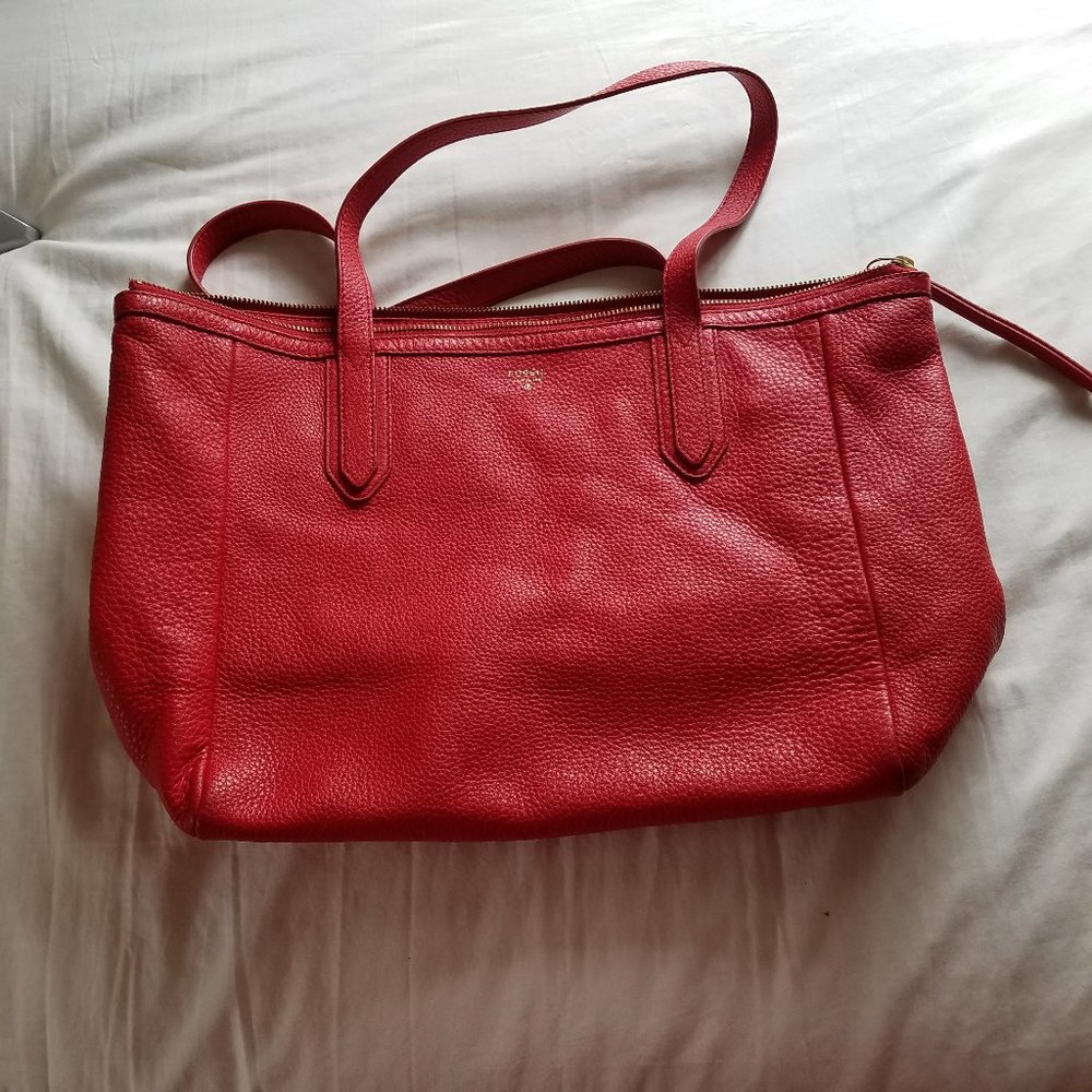 Fossil Red Pebbled Cowhide Satchel Purse EUC